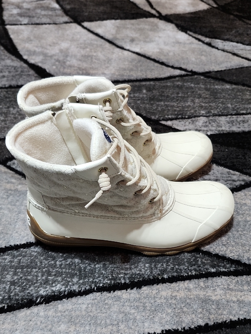 SPERRY SYREN GULF IVORY WOOL QUILT RAWHIDE-LACES ZIP DUCK BOOTS